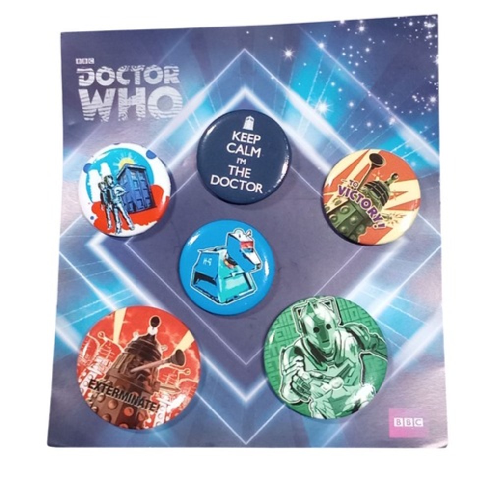 2012 Doctor Who 5 Piece Button Set, Dalek, Tardis, Cyberman, K-9 - DT
